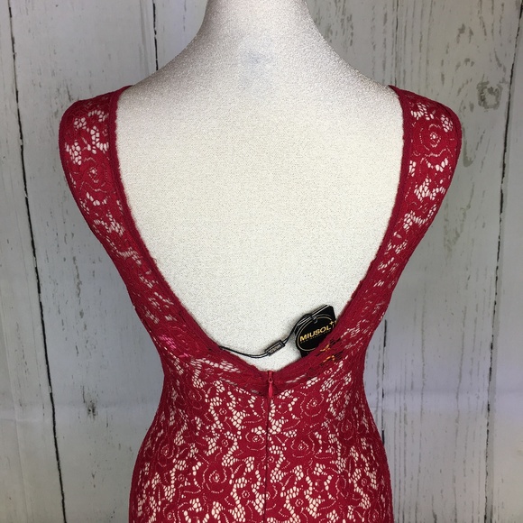 Red Lace Illusion Floor Length Dress NWT - Picture 7 of 8